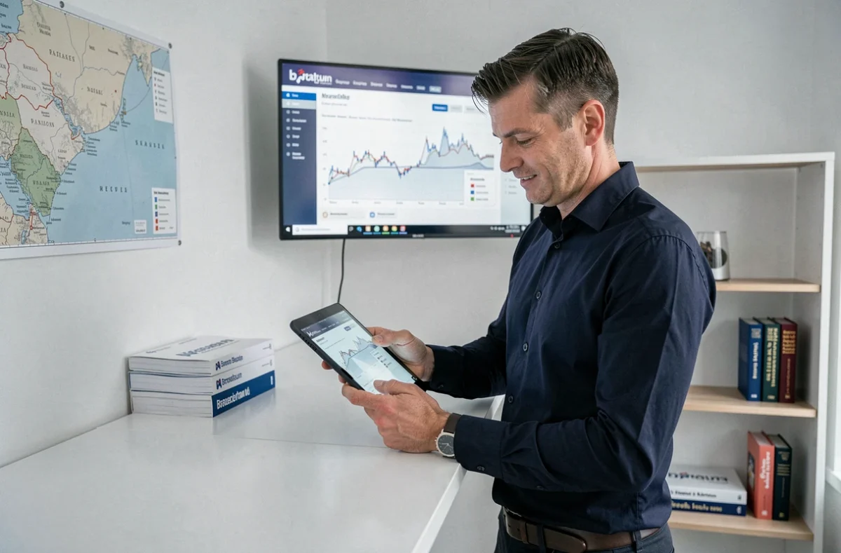Stratège digital masculin analysant des données marketing régionales sur une tablette dans les bureaux de l'agence Digibreizh en Côtes-d'Armor