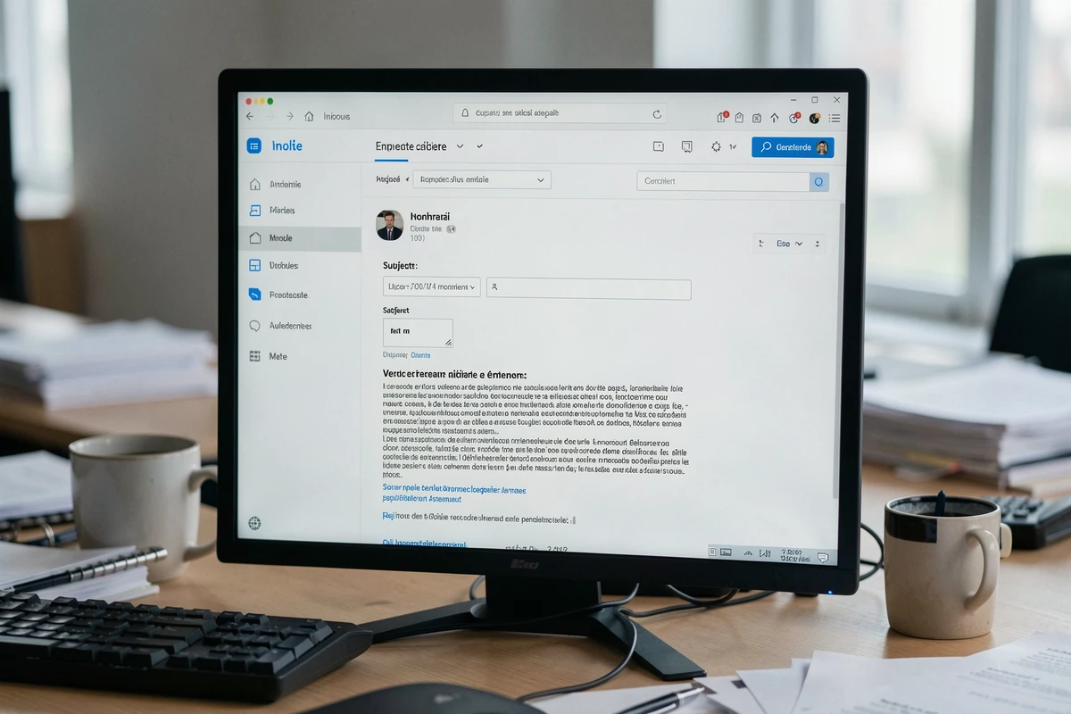 Écran d'ordinateur affichant une interface de messagerie web en français avec une boîte de réception et un email en cours de rédaction, illustrant les fonctionnalités de NetCourrier