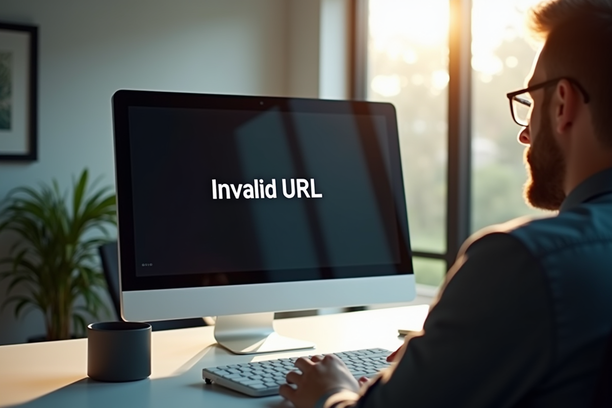 Ecran d'ordinateur affichant une erreur URL dans un bureau lumineux