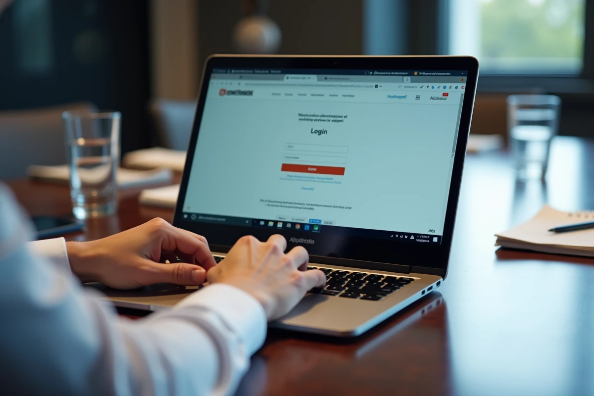 Gros plan sur un écran d'ordinateur portable affichant un portail administratif avec plusieurs onglets ouverts