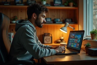 Jeune homme utilisant un émulateur de console rétro sur son ordinateur portable dans un bureau à domicile avec des cartouches de jeux vidéo vintage en arrière-plan