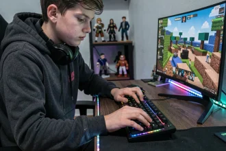 Adolescent gamer qui s'entraîne au clic rapide sur sa souris devant un écran de jeu Minecraft pour améliorer son PvP