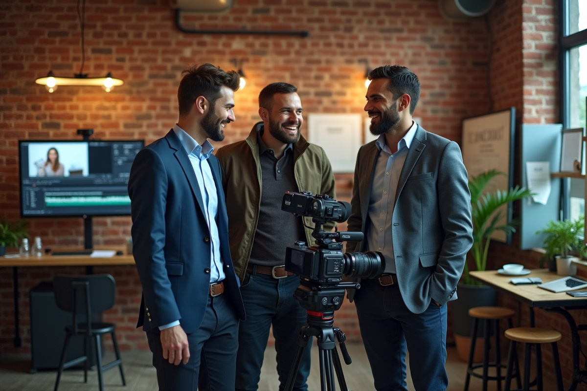 Groupe de trois personnes en discussion dans un studio créatif