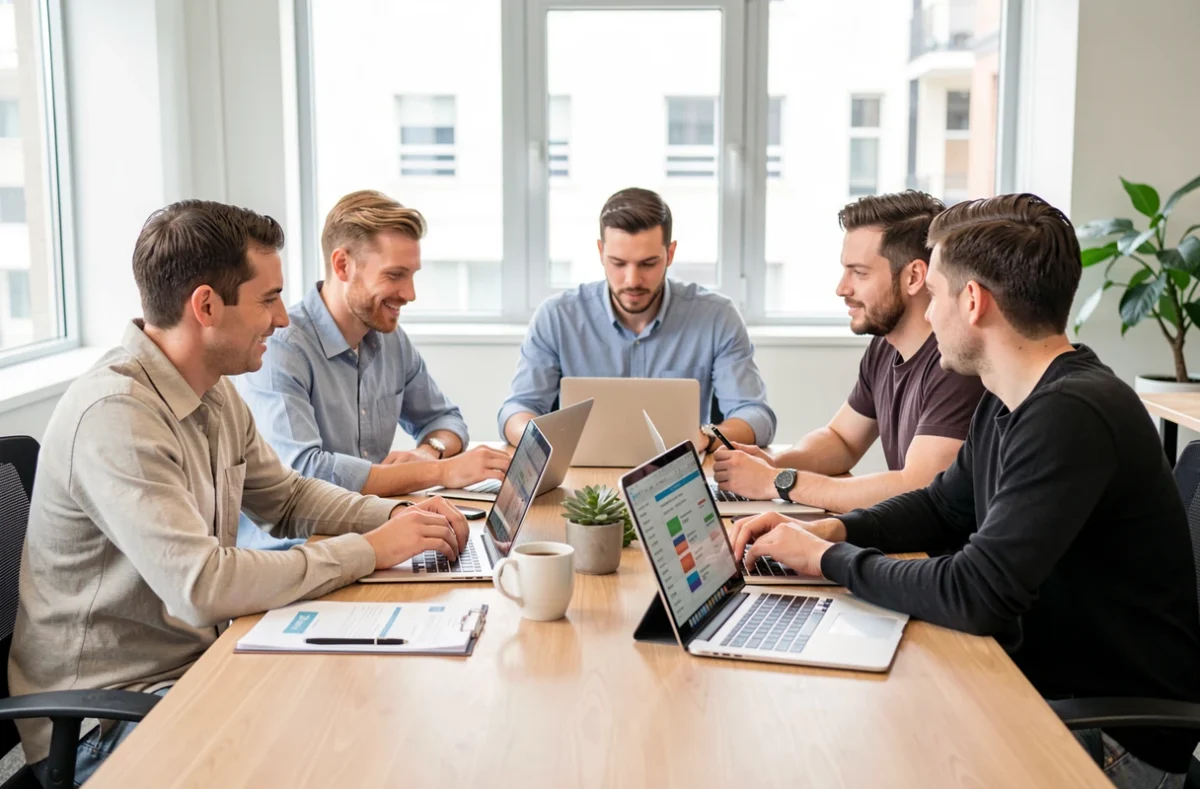 Équipe réunie autour d'une table pour comparer des plannings sur tablette
