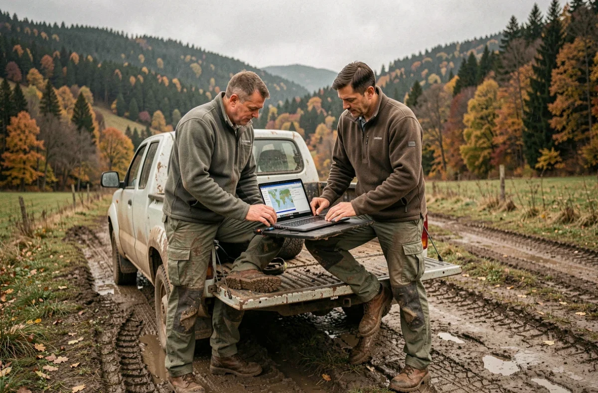 Deux techniciens de terrain en Transylvanie utilisant un laptop durci avec application de collecte de données hors ligne dans un environnement rural isolé