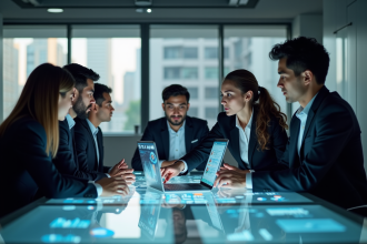 Groupe de professionnels autour d'un ordinateur avec visualisations AI