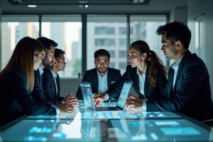 Groupe de professionnels autour d'un ordinateur avec visualisations AI