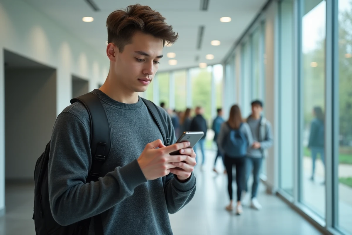 Étudiant de Lyon 3 utilisant l'application intranet sur smartphone dans le couloir d'un bâtiment universitaire moderne