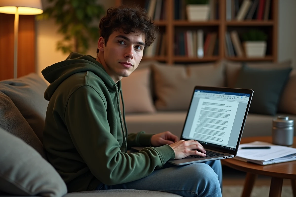 Étudiant supprimant des pages vierges dans Word sur un ordinateur portable posé sur les genoux