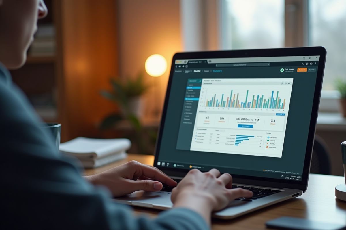 Étudiant concentré sur son ordinateur avec tableau de bord scolaire en ligne