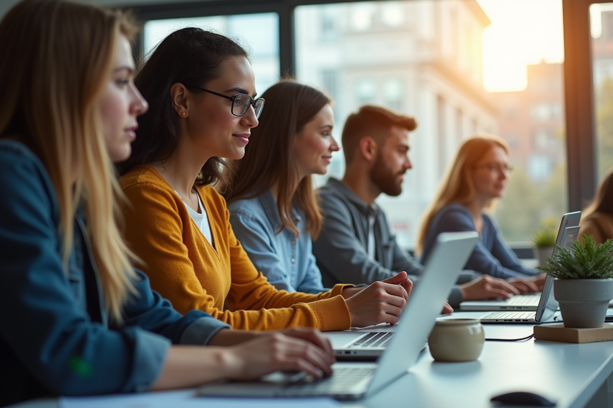 Groupe d'étudiants divers travaillant ensemble sur des ordinateurs dans un espace lumineux