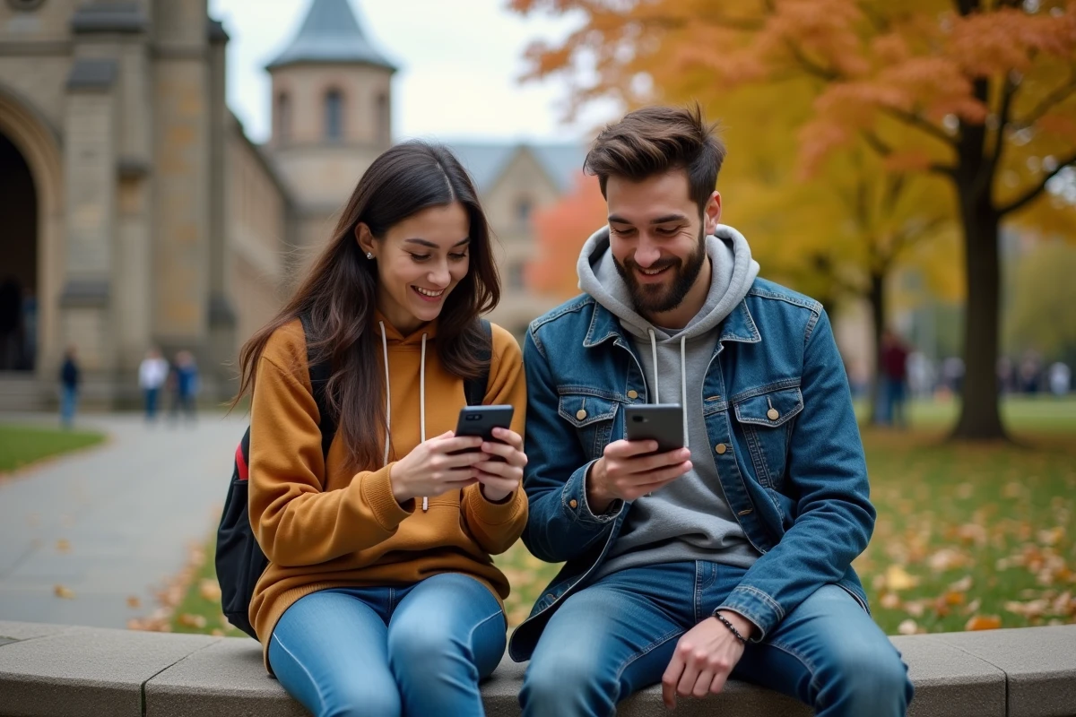Deux étudiants configurant leur messagerie Unicaen sur smartphone en extérieur sur un campus universitaire