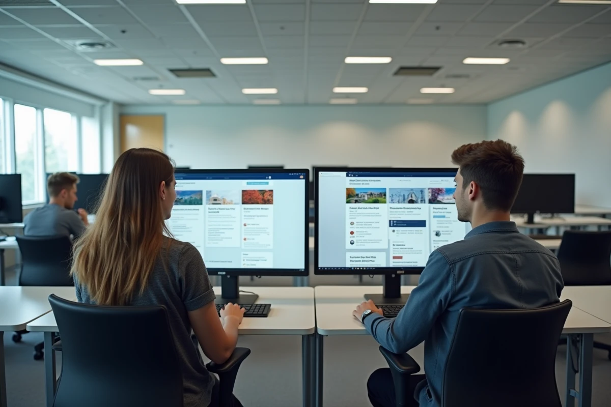 Deux étudiants de l'Université Lyon 3 découvrant les nouvelles fonctionnalités de l'intranet 2026 dans une salle informatique universitaire