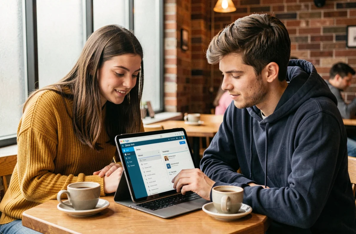 Deux étudiants collaborant sur la gestion des étiquettes et archives Zimbra depuis une tablette dans un café universitaire