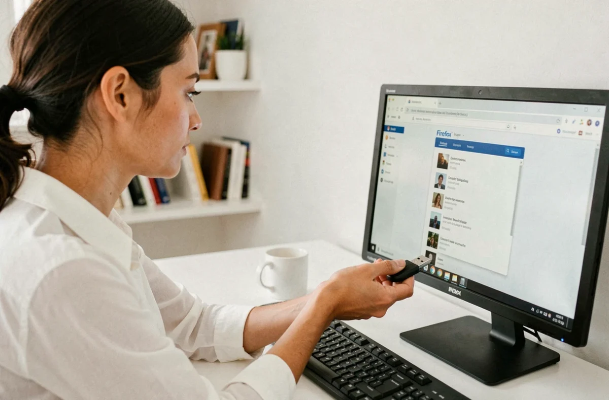 Femme exportant ses marques-pages Firefox sur une clé USB depuis un ordinateur de bureau