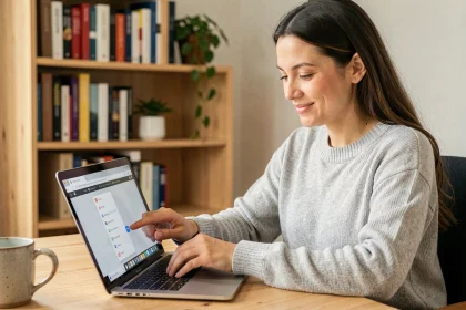 Femme ajoutant un site en favori sur son navigateur dans un bureau à domicile confortable