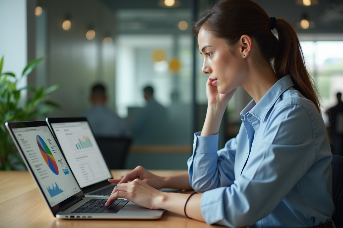 Jeune femme d'affaires analysant des résultats d'A B test