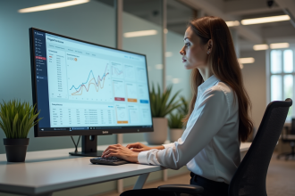 Femme en bureau analysant un tableau de bord digital