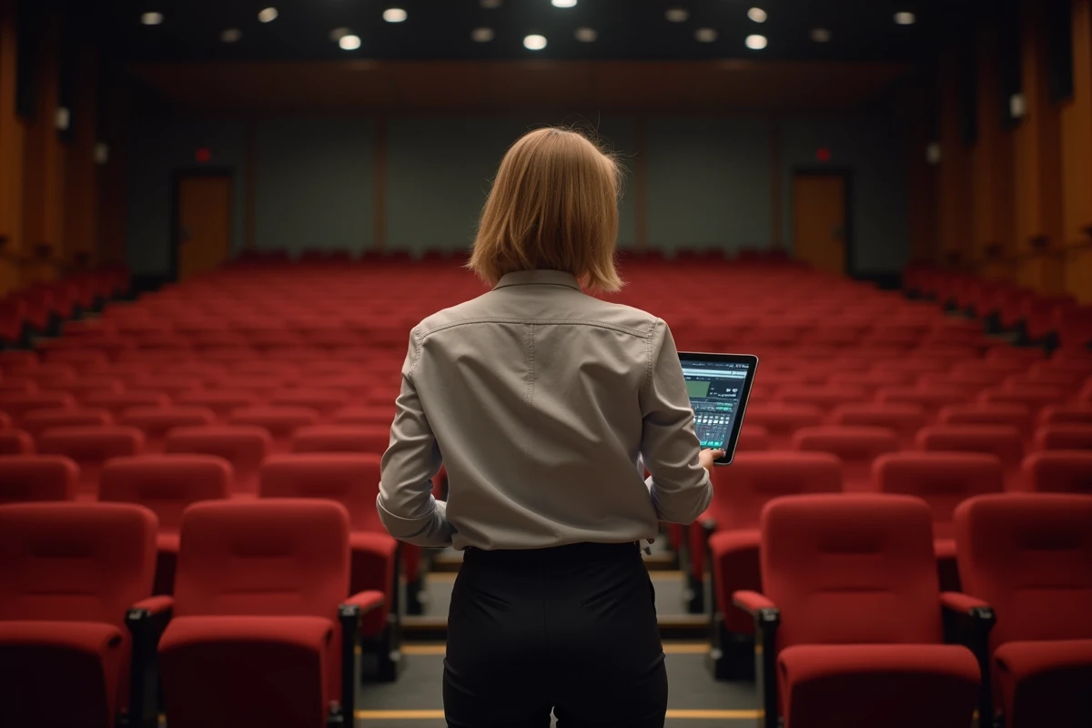 Femme vérifiant la régie dans un auditorium vide