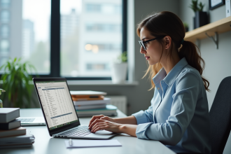Femme concentrée analysant un tableau Excel au bureau