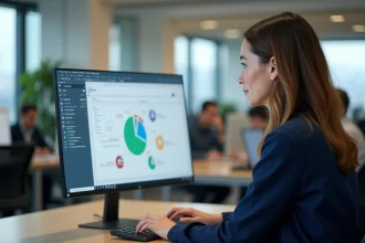 Femme en bureau créant un graphique camembert Excel sur un grand écran d'ordinateur avec des données bien structurées