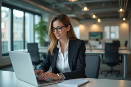 Femme en tenue professionnelle travaillant au bureau à Grenoble