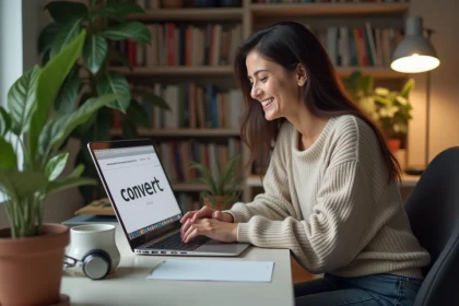 Femme détendue travaillant sur son ordinateur dans un bureau cosy