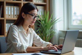 Jeune femme au bureau à domicile utilisant un ordinateur portable