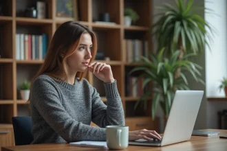 Femme travaillant sur son ordinateur dans un bureau cosy
