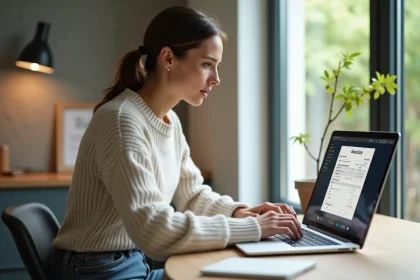 Femme assise à son bureau moderne vérifiant des factures numériques