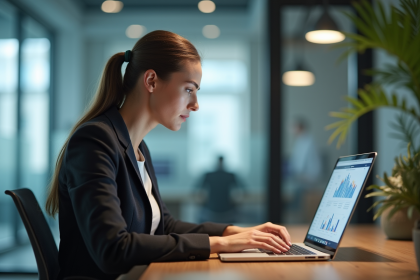 Jeune femme au bureau utilisant un ordinateur portable