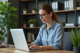 Femme professionnelle utilisant un ordinateur dans un bureau moderne