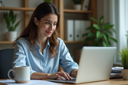 Jeune femme de bureau organisant ses dossiers numériques