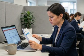 Femme dans un bureau comparant un fichier Excel et un document Word pour détecter des doublons lors d'un publipostage