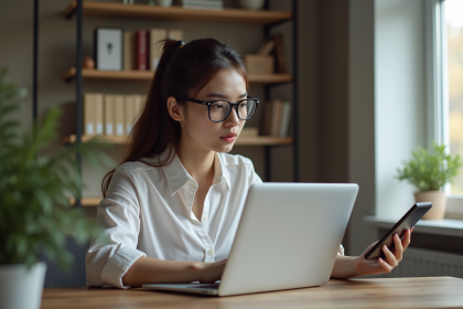 Jeune femme au bureau avec tablette et ordinateur portable