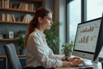 Femme concentrée au bureau avec graphique SEO