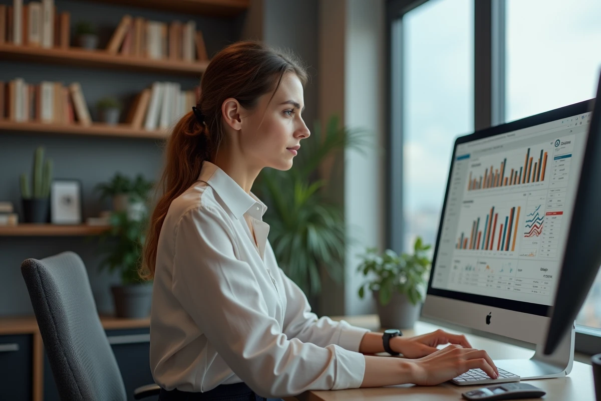 Femme concentrée au bureau avec graphique SEO