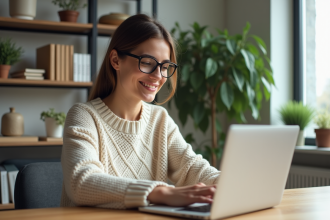 Jeune femme au bureau en ligne shopping avec sourire