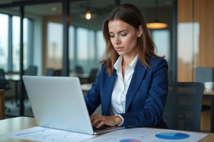 Femme confiante en blazer bleu travaillant au bureau