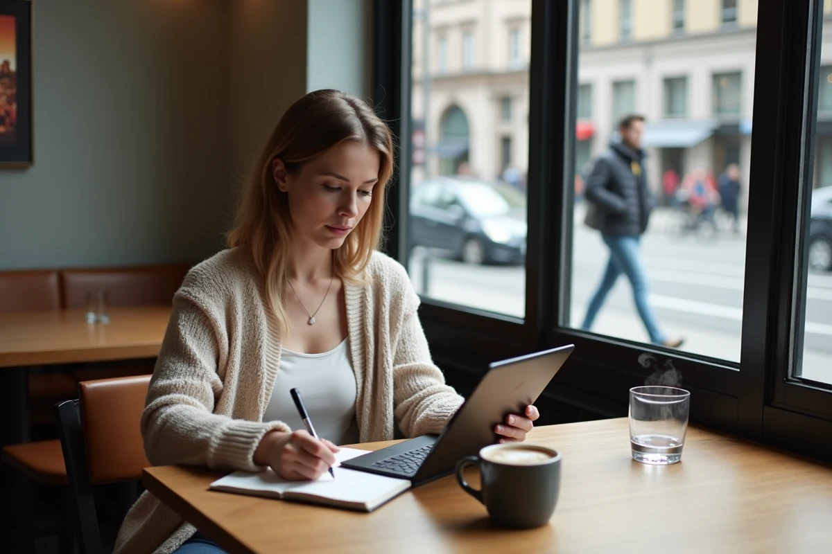 Femme travaillant sur tablette dans un café urbain