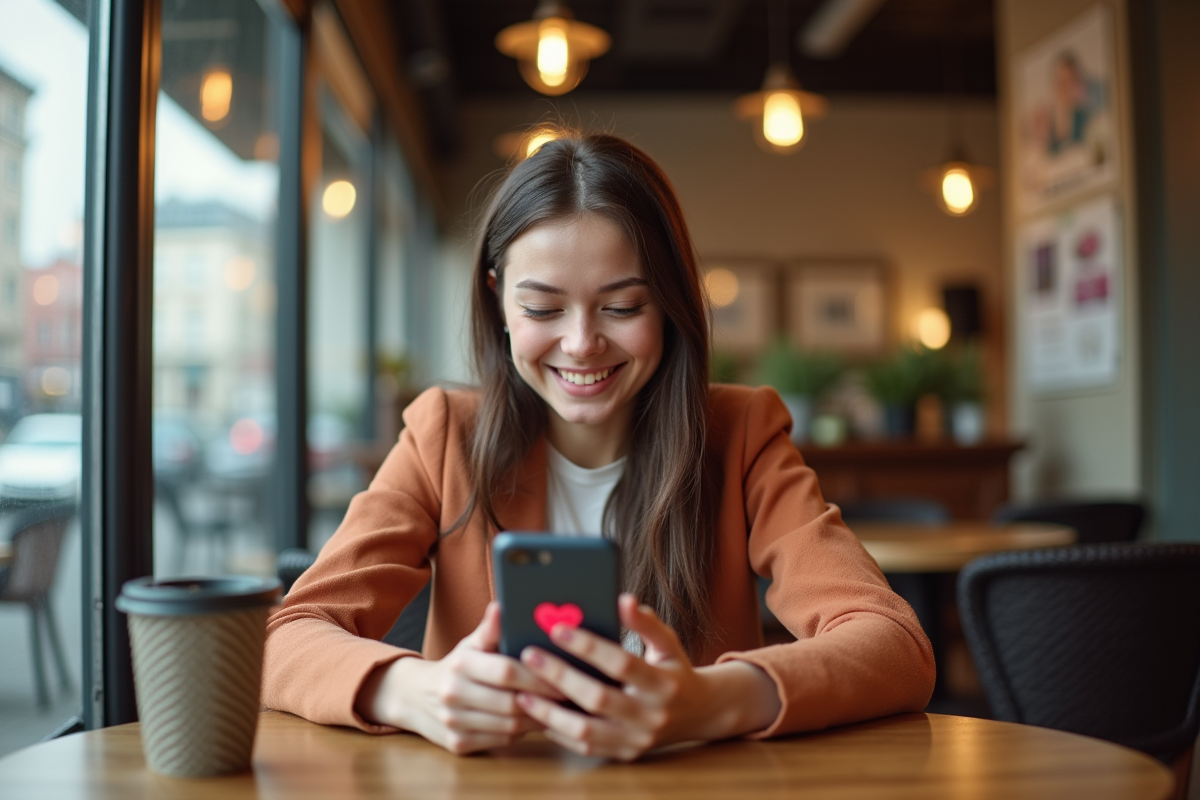 Jeune femme souriante au café regardant son smartphone avec un message Snapchat
