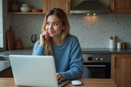 Jeune femme en casual au bureau regardant son ordinateur