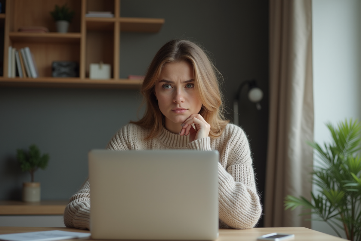 Jeune femme à son ordinateur portable à la maison