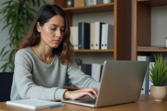 Femme concentrée accédant à son compte en ligne depuis un bureau à domicile moderne