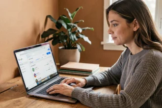Femme consultant l'historique de son compte Google sur un ordinateur portable dans un bureau à domicile