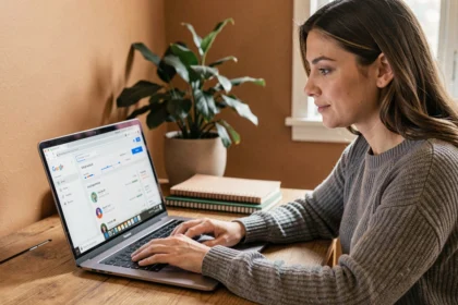 Femme consultant l'historique de son compte Google sur un ordinateur portable dans un bureau à domicile
