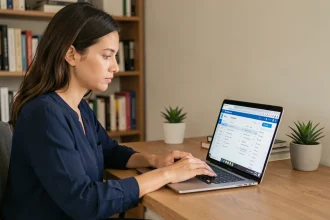 Femme consultant sa boîte mail sur un ordinateur portable dans un bureau à domicile moderne, illustrant l'utilisation d'un service de messagerie en ligne comme NetCourrier