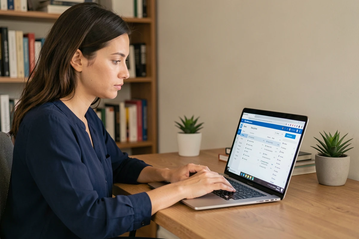 Femme consultant sa boîte mail sur un ordinateur portable dans un bureau à domicile moderne, illustrant l'utilisation d'un service de messagerie en ligne comme NetCourrier