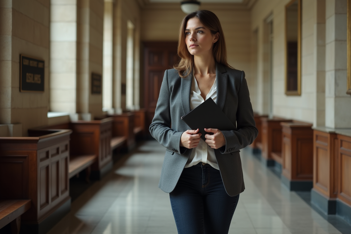Femme en costume dans un couloir de tribunal pensive