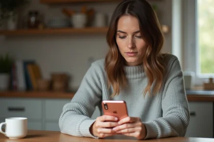 Femme consultant le site iPhone Generation sur son smartphone dans une cuisine moderne